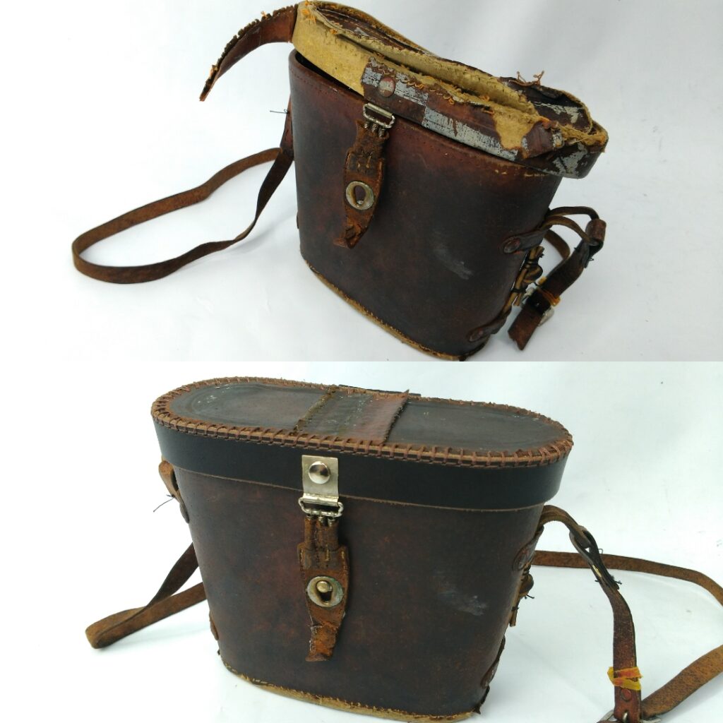 A Before and After of a repaired binocular case bag