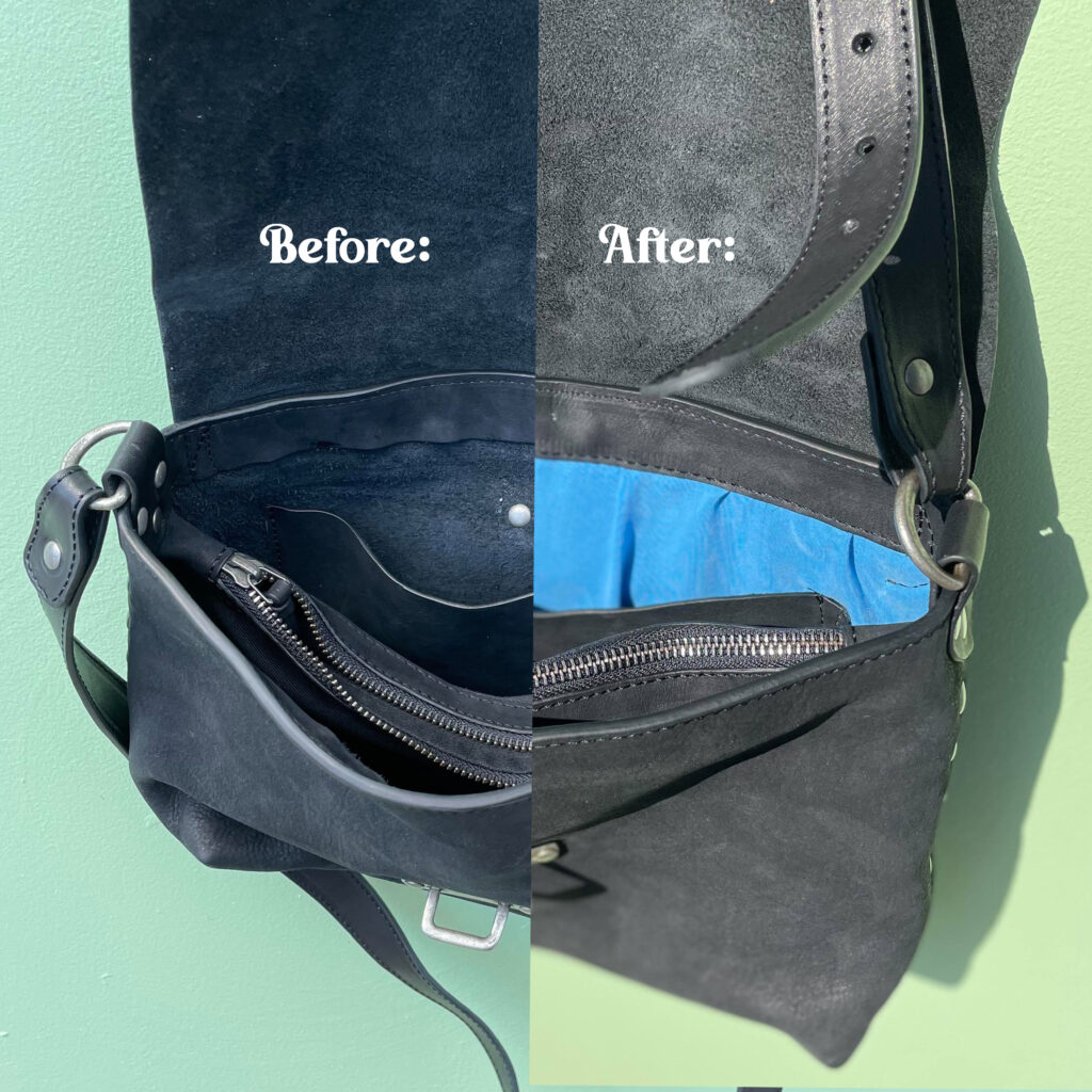 A before and after of a bag repair involving a new blue silk lining